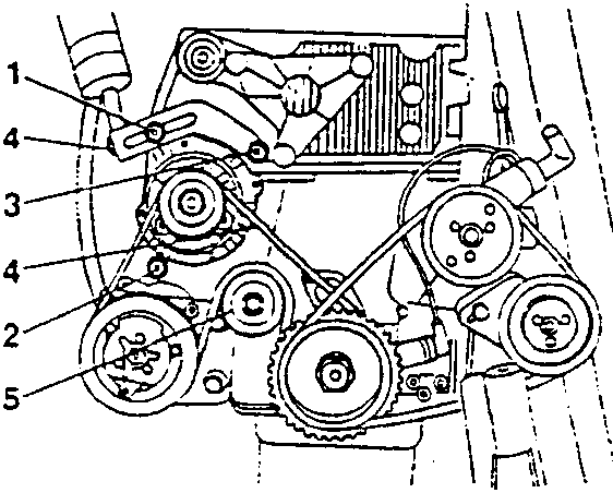 Diagram showing belt tensioner and pulley components 1, 2, 3, 4, 5.