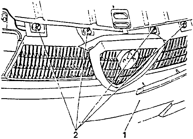 Front view of car grille and bumper area showing screws and components