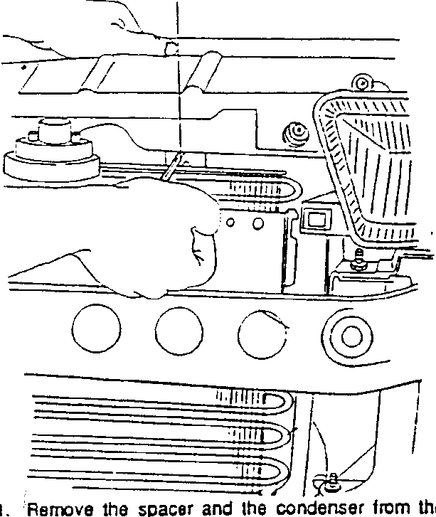 Diagram showing hands loosening screws on a condenser attached to a radiator, with text below reading 'Remove the spacer and the condenser from the underside of the vehicle.'