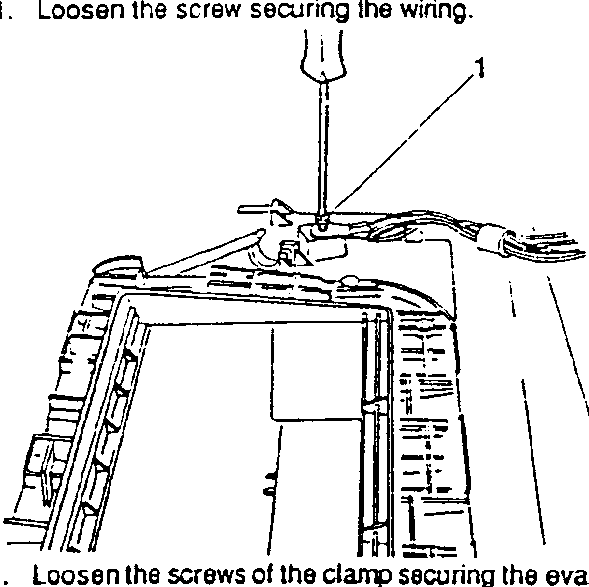 Diagram showing loosening the screw securing the wiring and the screws of the clamp securing the evaporator hoses.