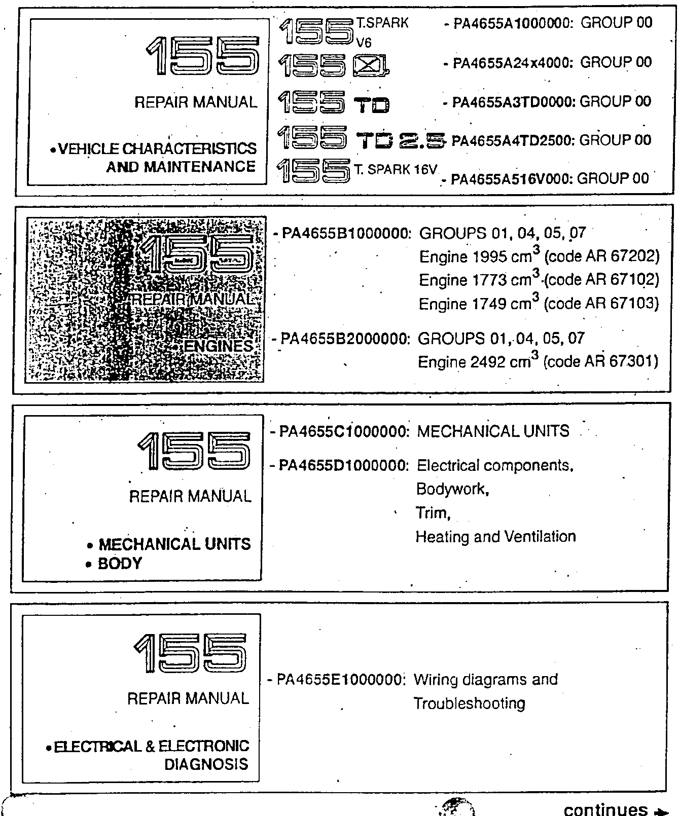 155 Repair Manual cover with engine specifications