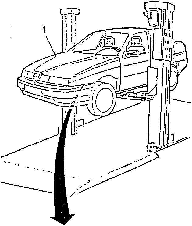 Vehicle raised on a lift with an arrow pointing down