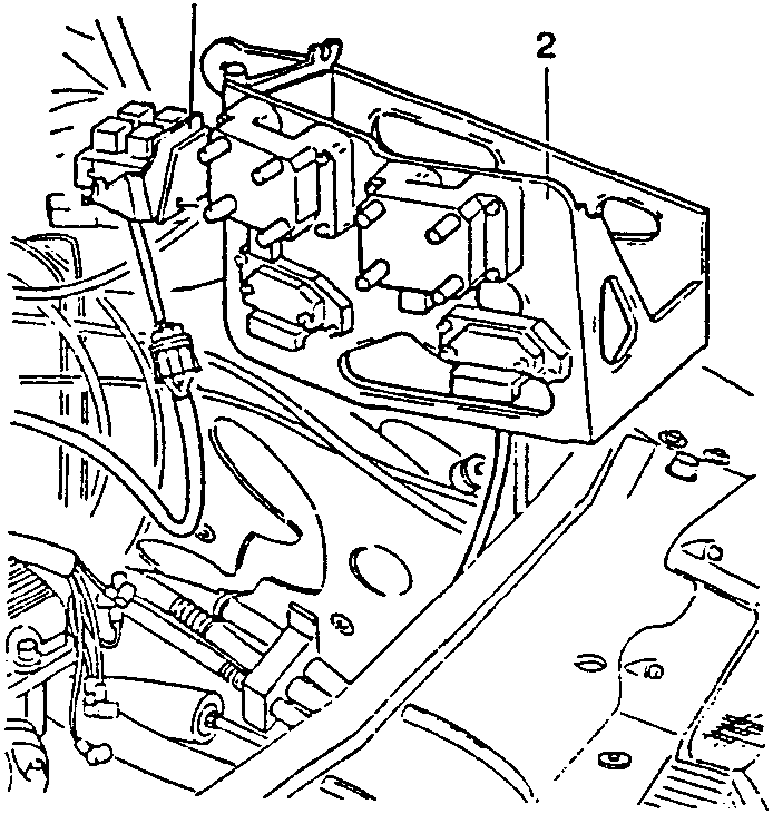 Diagram showing relay box bracket and battery support with coils and ignition modules