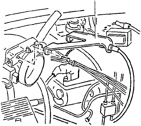 Engine compartment showing accelerator cable support bracket and throttle body