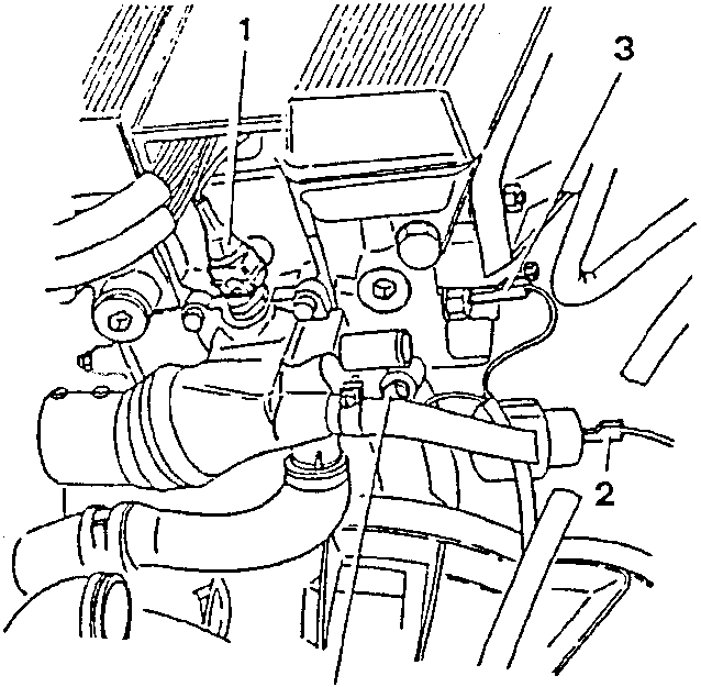 Engine compartment showing accelerator cable, throttle body, and other components