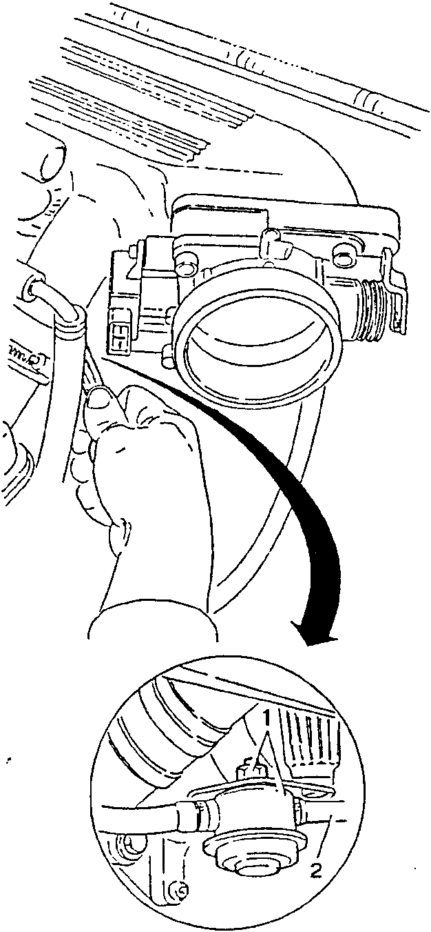 Hand unscrewing a nut on an impulse dashpot, with a close-up inset showing two parts labeled 1 and 2