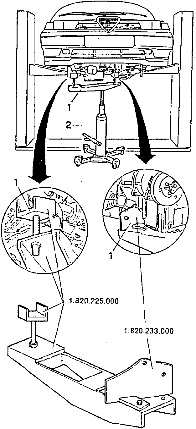 Engine removal setup with hydraulic jack and support tools, labeled 1 and 2; close-ups show tool details 1.820.225.000 and 1.820.233.000