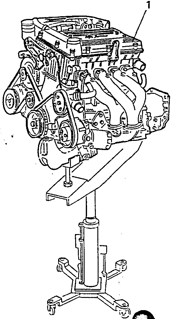 Diagram showing engine on a jack stand with part labeled 1