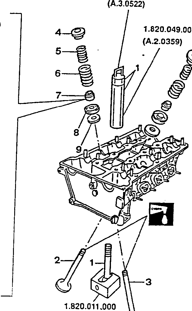 Disassembled engine main mechanical unit showing components and tools: 1.821.124.000 (A.3.0522), 1.820.049.000 (A.2.0359), 1.820.011.000 (A.2.0192)