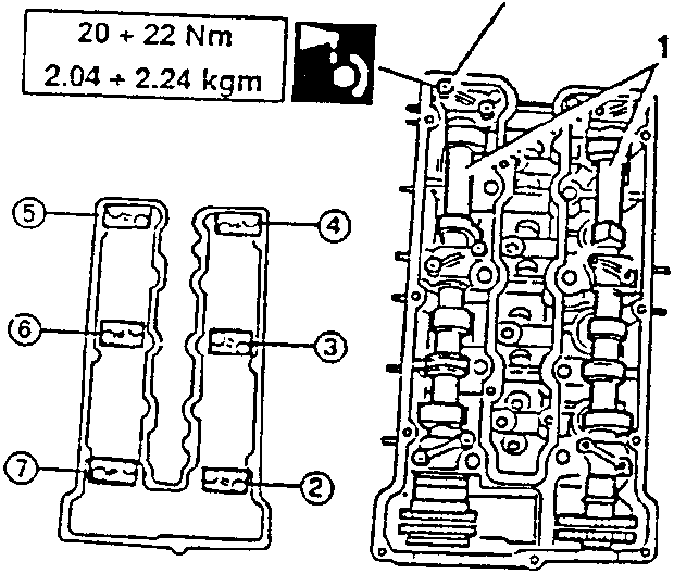 Camshaft assembly diagram showing numbered parts 1 through 7 and a torque specification box