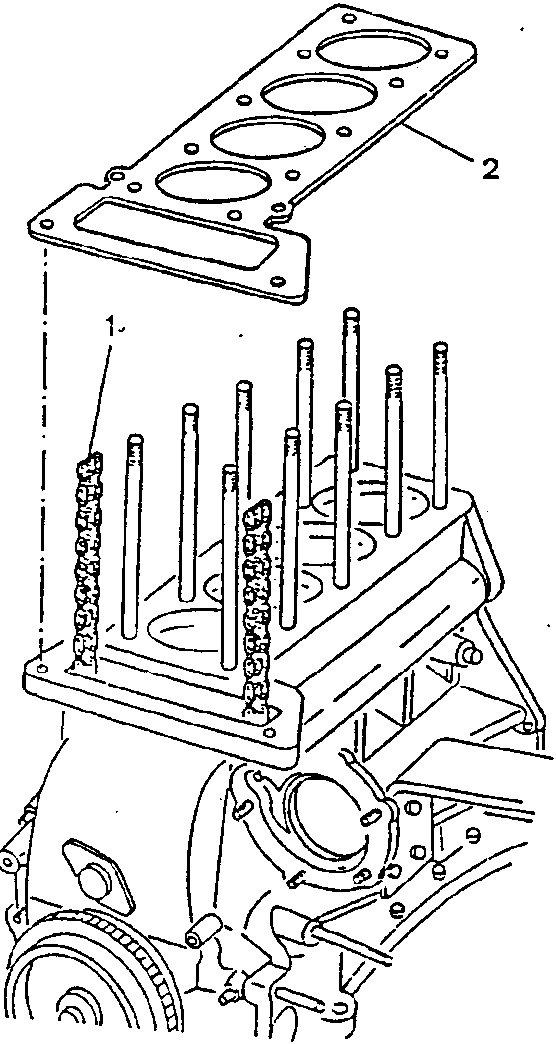 Illustration showing a cylinder head being positioned over an engine block with valves and timing chain visible