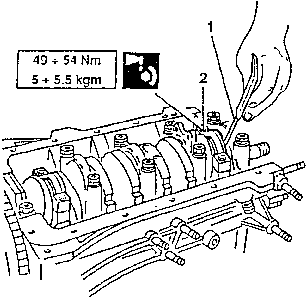Illustration showing hand tightening a bolt on an engine block with torque specifications