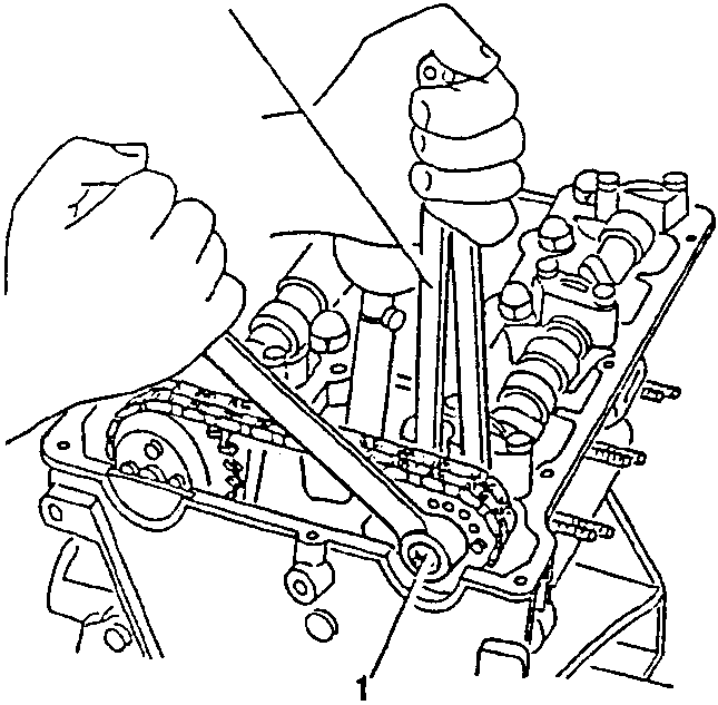 Diagram showing hands using tool N° 1.822.001.000 (A.5.0103) to rotate a shaft while holding a chain in place, with timing marks visible on the toothed wheel and flange.