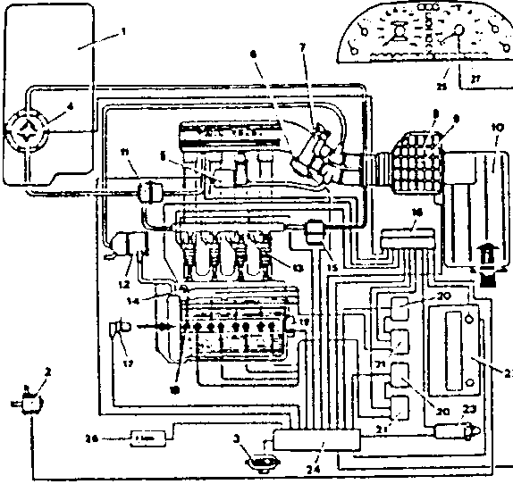 Bosch Motronic M1.7 Injection-Ignition System diagram with numbered parts and a speedometer gauge