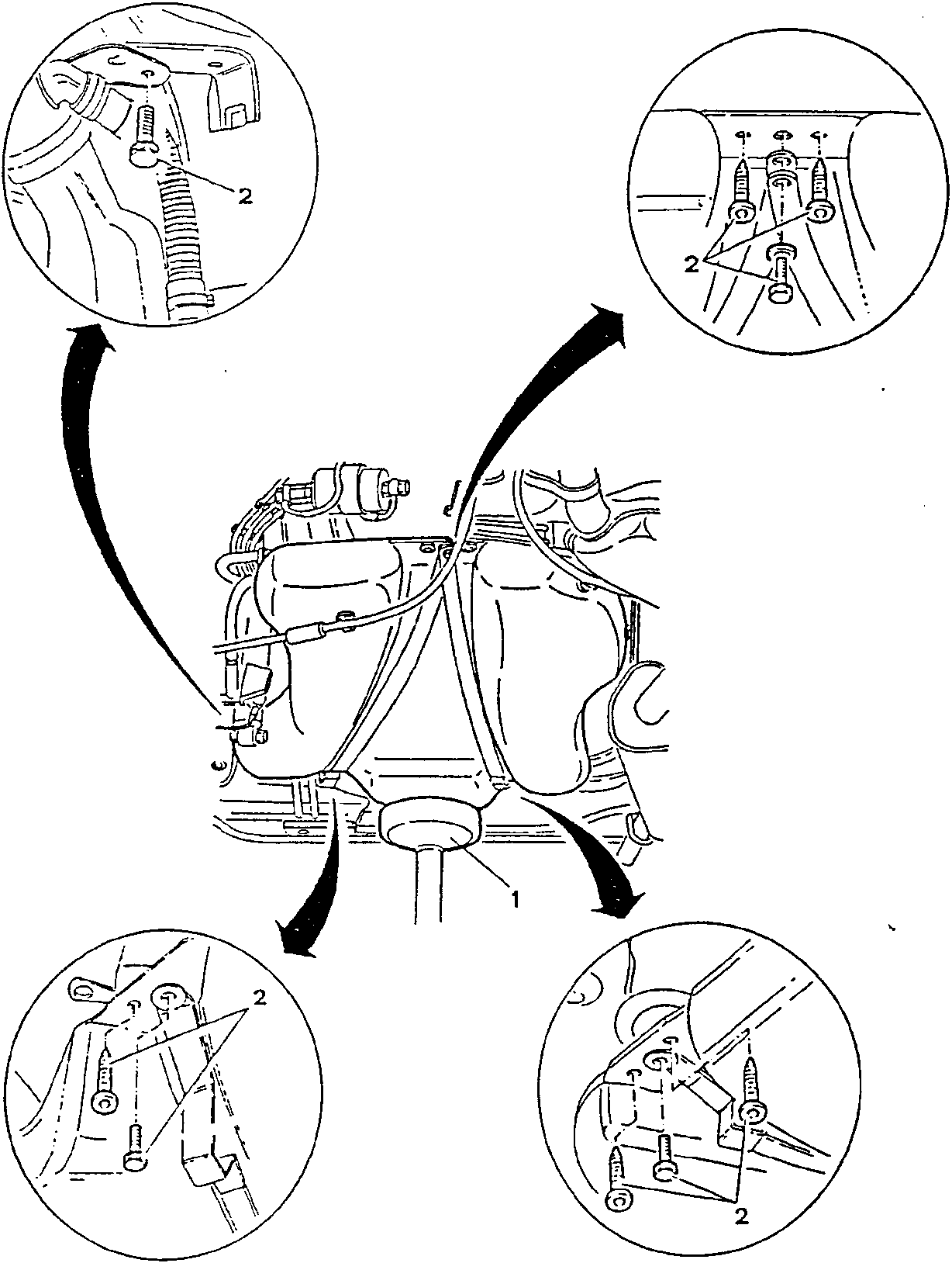 Diagram showing the fuel tank being lifted using a hydraulic jack, with close-up views of the mounting points where plastic screws and nails are located.
