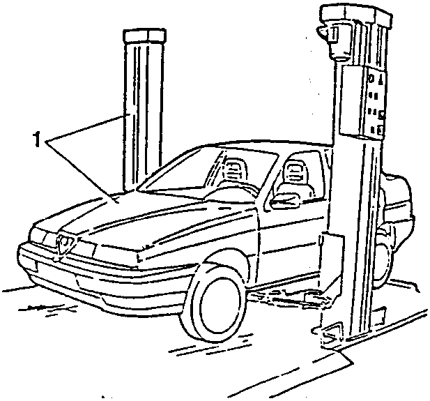 Diagram showing a car on a lift with the hood open