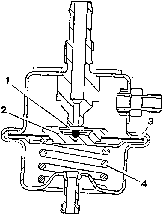 Cross-section diagram of fuel pressure regulator showing valve, body holding valve, diaphragm, and spring.