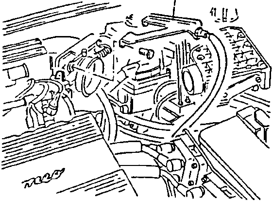 Engine compartment showing accelerator cable support bracket