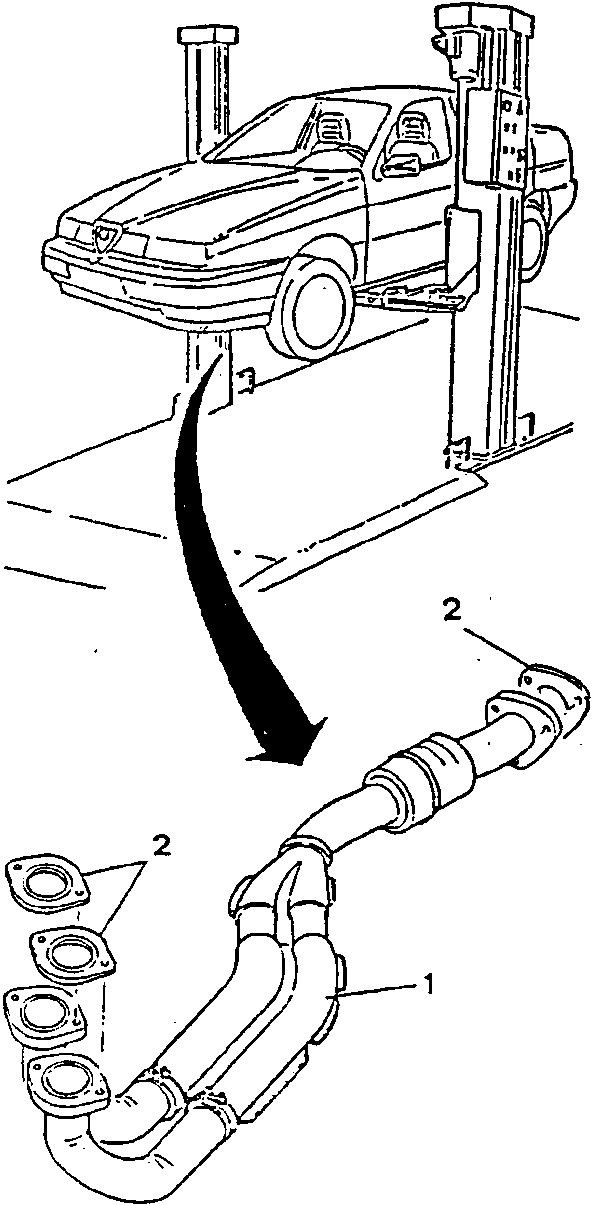 Car on lift with removed exhaust pipe