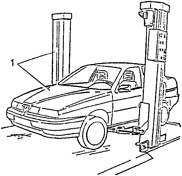 Vehicle placed on a car lift with one side raised.