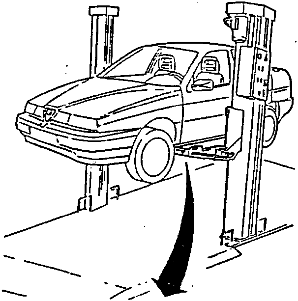 Vehicle raised on a car lift with an arrow indicating downward motion.