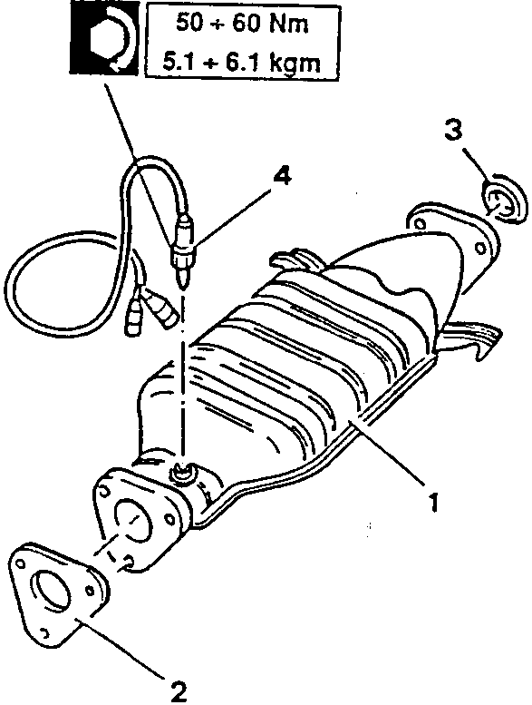 Catalytic converter assembly showing four parts: 1) catalytic converter body, 2) flange mounting plate, 3) flexible support ring, and 4) electrical connector with wire harness. Torque specification box indicates '50 ÷ 60 Nm' or '5.1 ÷ 6.1 kgm'.