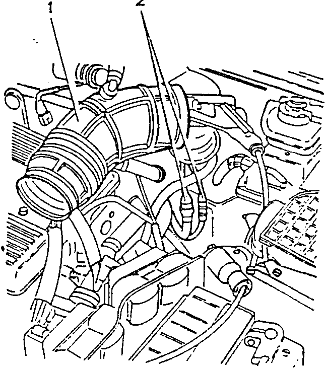 Engine bay view showing components around the intake manifold, including a corrugated hose connected to an airflow meter and a throttle body with clamps; also visible are two electrical connectors near a sensor labeled 'lambda probe'.