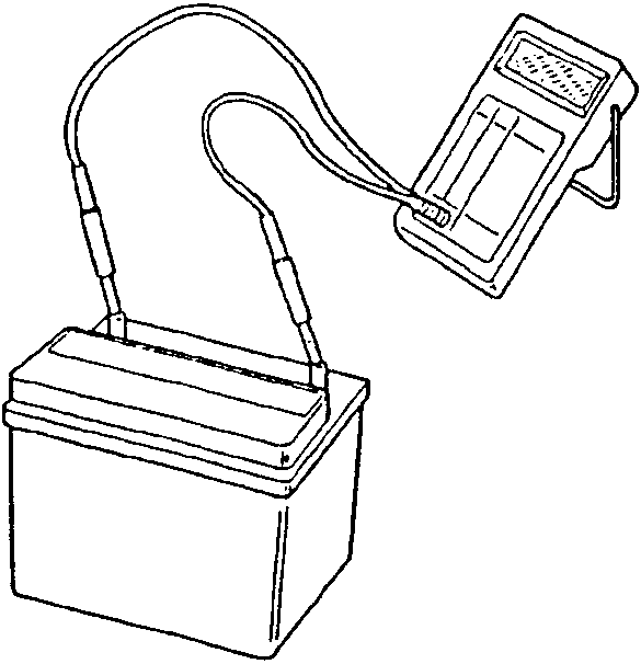Diagram showing a battery connected to a voltmeter with probes on the terminals.