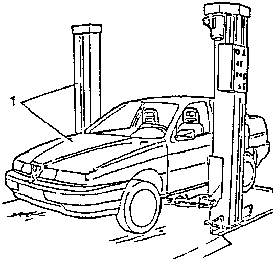 Car on a car lift with hood open