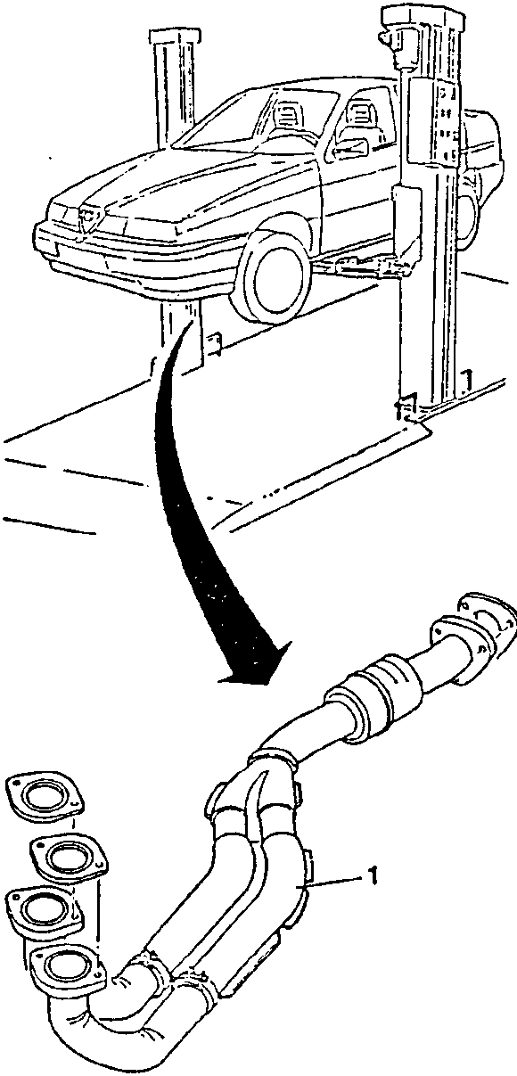 Car on lift with arrow pointing down to disconnected exhaust pipe