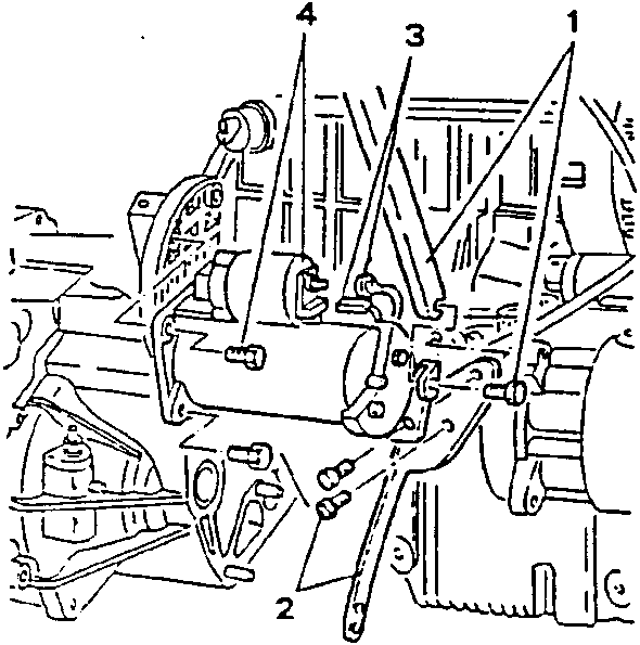 Engine with starter motor and support brackets