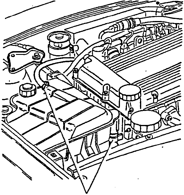 Diagram showing engine with expansion tank and hoses connected.