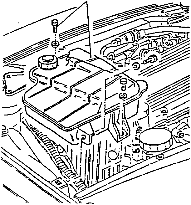 Diagram showing engine with expansion tank removed, revealing mounting screws.