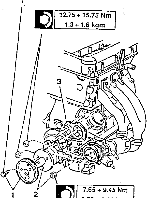 Engine with water pump and pulley assembly, showing torque values for bolts