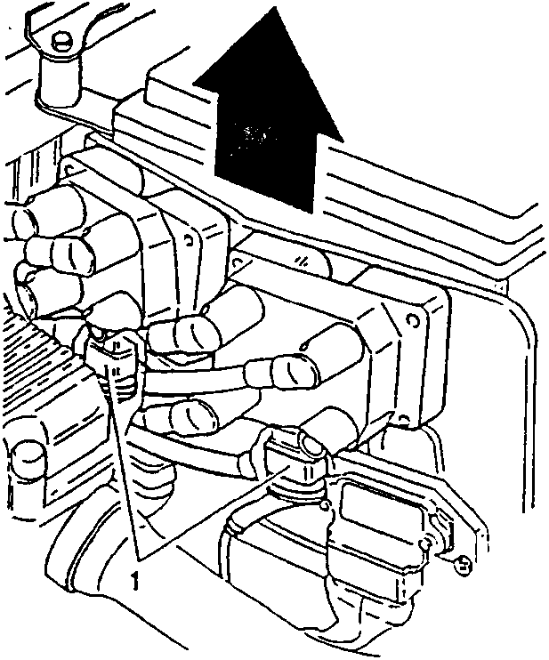 Illustrates engine component assembly with directional arrow indication