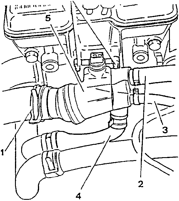 Engine cooling system components with labeled parts 1, 2, 3, 4, 5