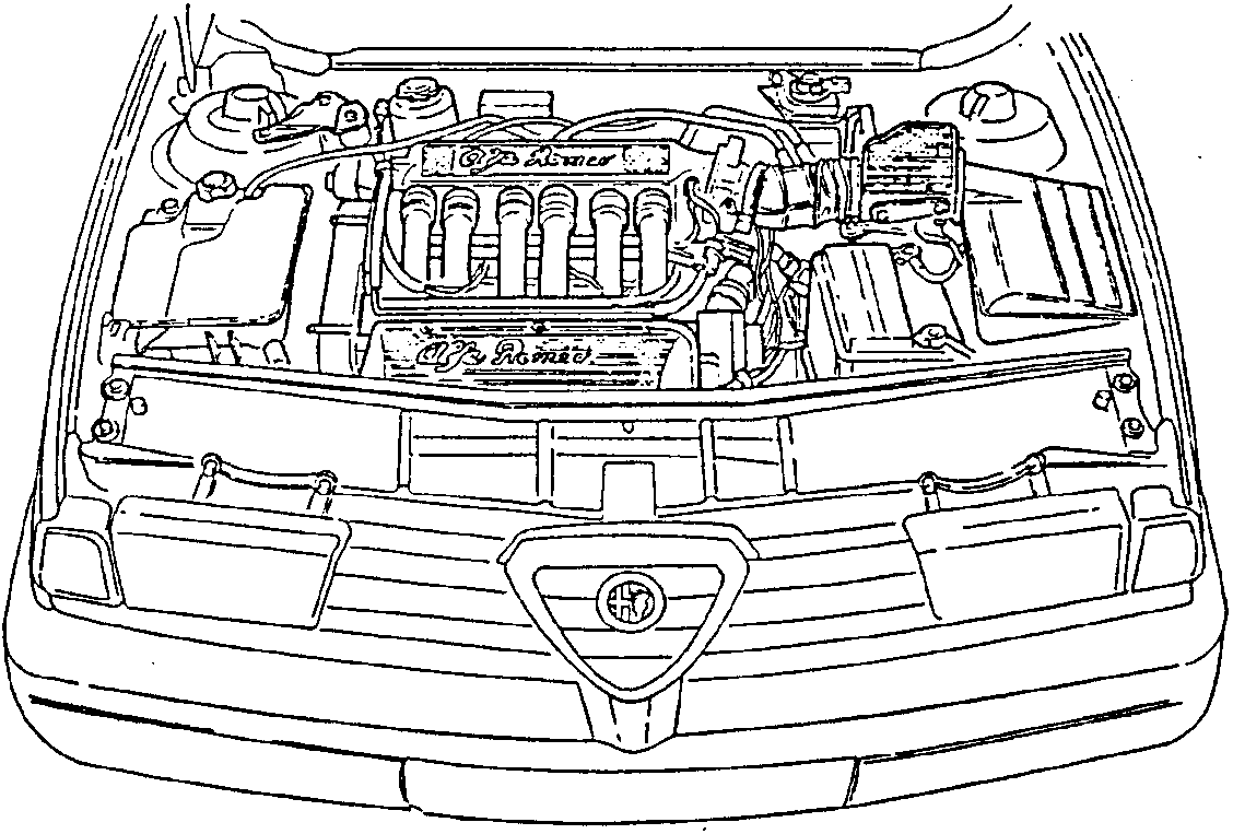 Front view of Alfa Romeo car with engine compartment open, showing engine and surrounding components.