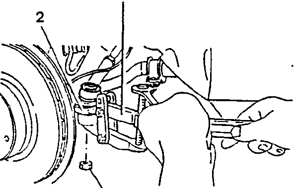 Diagram showing hand using puller tool to remove tie rod from control lever on pillar, with parts labeled 1 and 2
