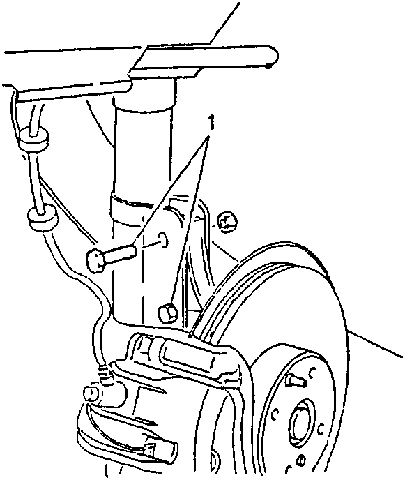 Diagram showing bolts securing hub support to front right shock absorber, with part labeled 1