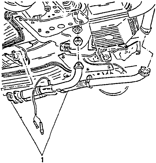 Diagram showing front part of exhaust pipe being disconnected, with part labeled 1