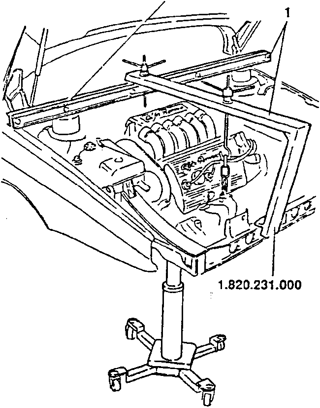 Diagram showing engine support tools 1.820.581.000 and 1.820.231.000 installed under the engine compartment.