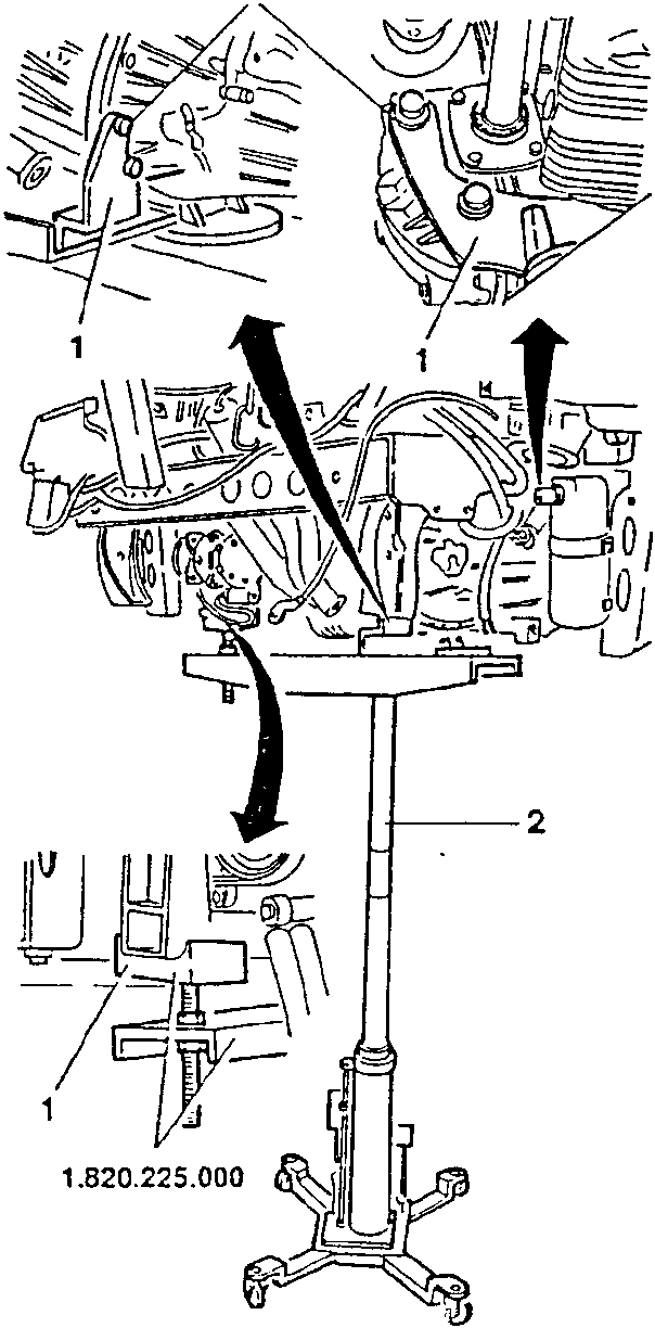 Diagram showing installation of support tools and hydraulic jack for engine removal. Tools labeled 1.820.234.000 and 1.820.225.000, with arrows indicating lifting direction.