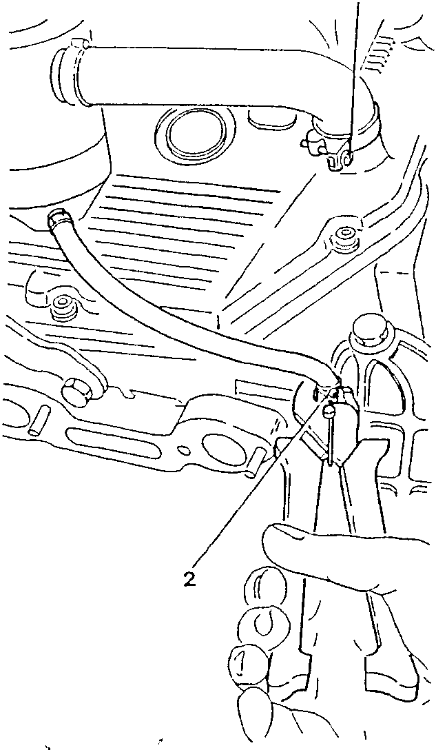 Diagram showing hand using tool to disconnect a pipe from an engine block, with numbered parts 1 and 2