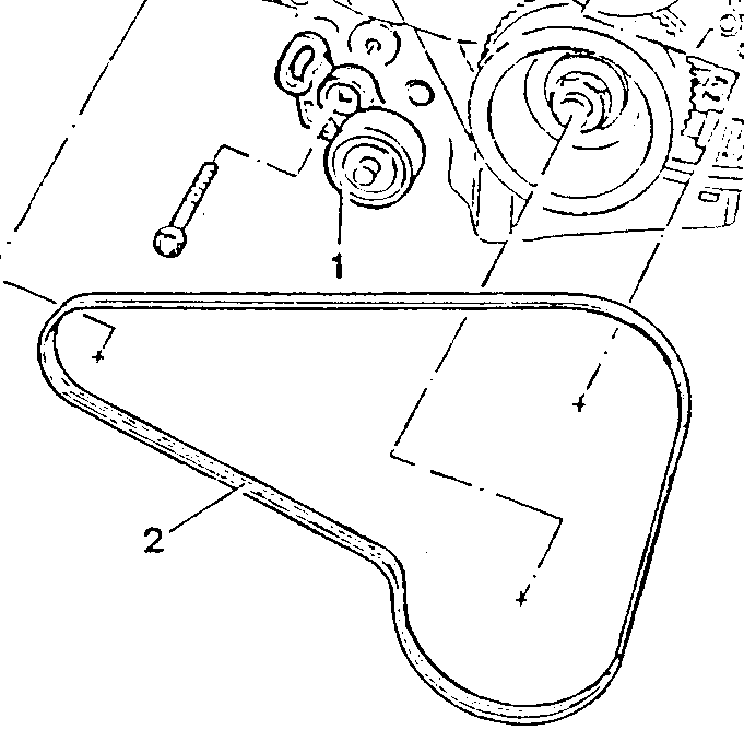 Engine main mechanical unit showing belt tensioner and drive belt
