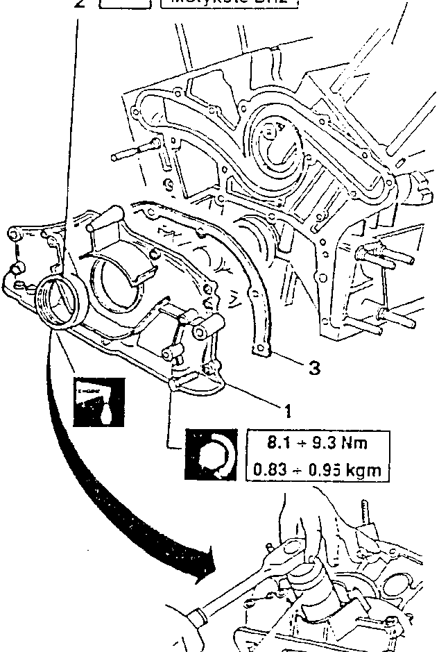 Diagram showing removal of front cover with tool 1.821.125.000 (A.3.0524) and torque specification 8.1 ÷ 9.3 Nm / 0.83 ÷ 0.95 kgm, with ISECO Molykote BR2 lubricant applied to part 2.
