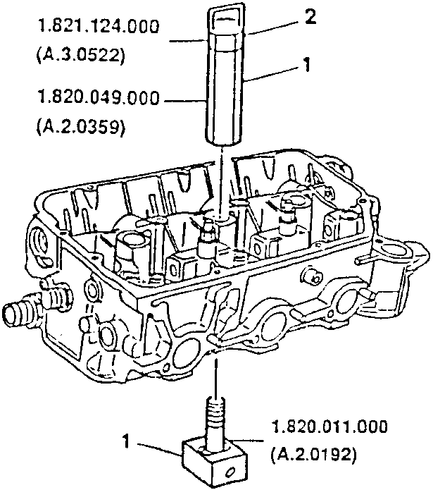 Diagram showing valve disassembly tools installed in engine block