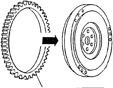 Flywheel ring gear installation diagram showing pre-heating to 120° + 140°C
