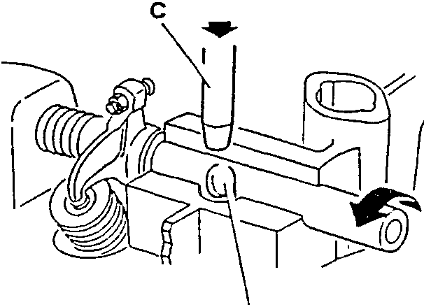 Rocker arm shaft with pin C inserted, showing alignment of notches A and holes B
