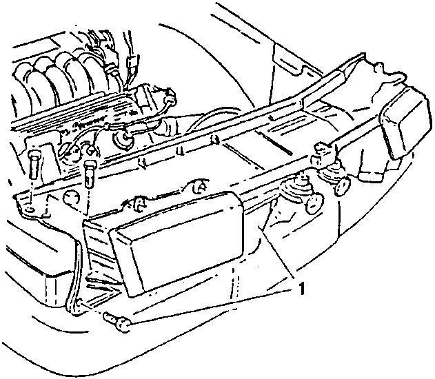 Illustration showing the engine bay with the upper cross-member, headlight assembly, and horns being removed.