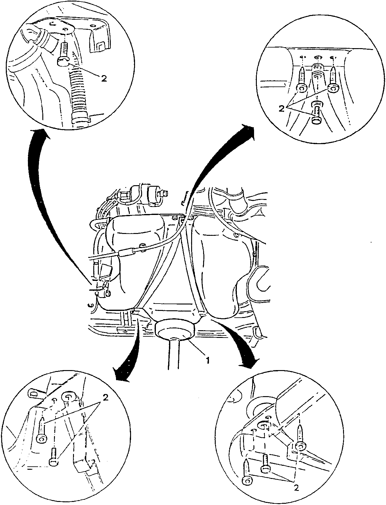 Diagram showing the fuel tank being propped up with a hydraulic jack and the removal of plastic screws and nails holding the tank to the body.